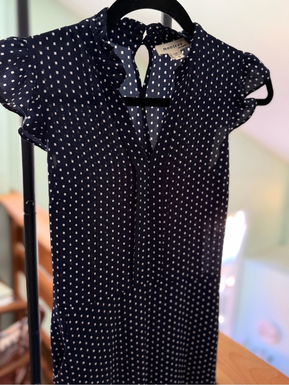 Monteau Navy and White Dot Flutter Sleeve Blouse